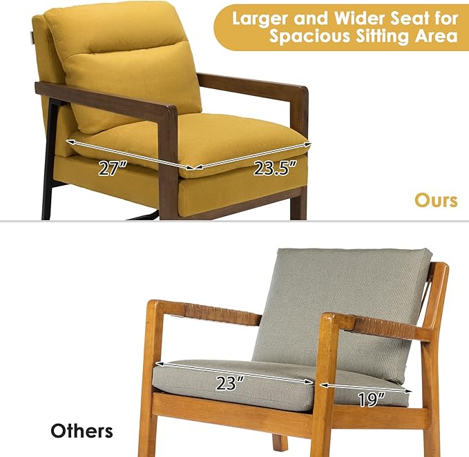 Giantex Set of 2 Accent Chair Comfy Soft Bedroom Chair with Solid Rubber Wood Legs Rear Steel Bracket Non-Slip Foot Pads Detachable Cushions Mid-Century Modern Living Room Chairs Yellow