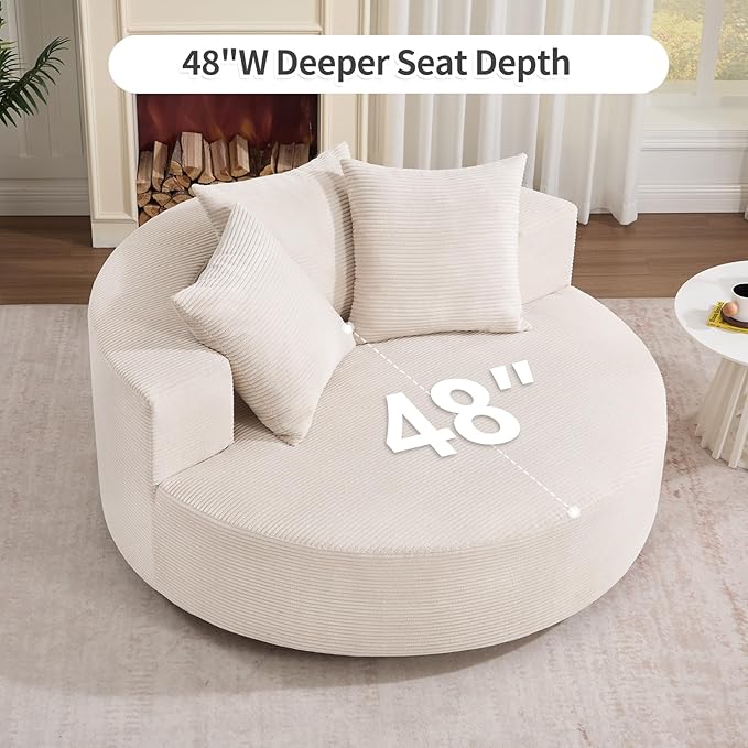 CANMOV Oversized Round Swivel Chaise Longue Chair Indoor Upholstered Corduroy Deep Seat Cloud Large Circle Sofa Chair Modern Single Cloud Sofa Bed for Living Room Bedroom Apartment Office Beige