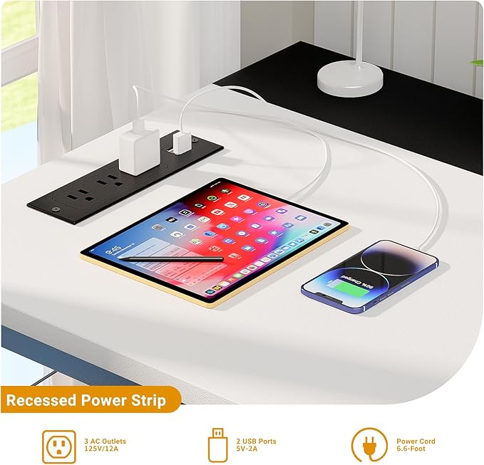 55 Inch Computer Desks with Power Outlets and USB Charging Ports Modern Office Desk for Small Spaces Sturdy Laptop PC Gaming Writing Table for Students White and Black