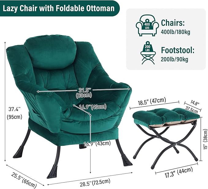 Lazy Chair with Ottoman Modern Accent Chairs with Folding Footrest Velvet Dark Green Sofa Chair Set Reading Chairs Oversized Armchairs for Bedroom Study Living Room Courtyard