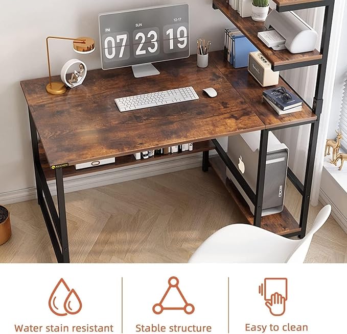 L-Shaped Computer Desk with 4-Tier Storage Shelves 43 inch Writing Desk with Bookshelf for Home Office Reversible Corner Gaming Desk for Bedroom Brown (Brown)
