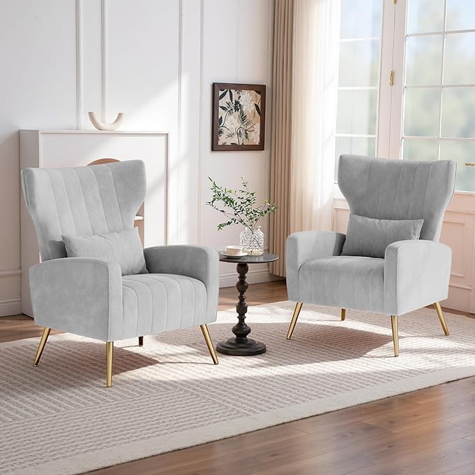 Nalupatio Modern Accent Chairs for Set of 4 Upholstered Velvet Fabric Reading Chair Mid Century Arm Chair Comfy Armchair for Living RoomLight Gray