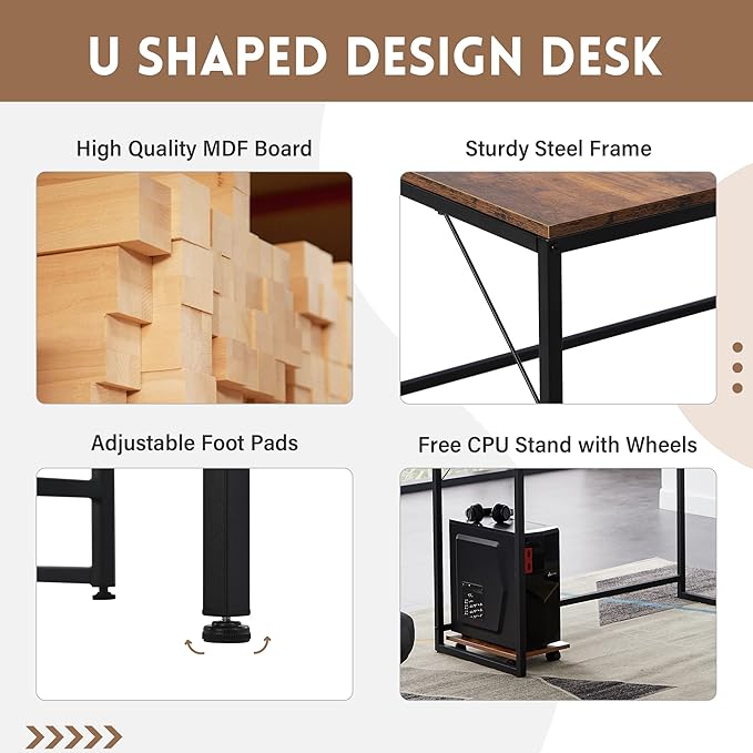 U Shaped Computer Desk Industrial Corner Writing Desk with CPU Stand Gaming Table Workstation Desk for Home Office (Brown) (Old SKU: WF198675AAT)