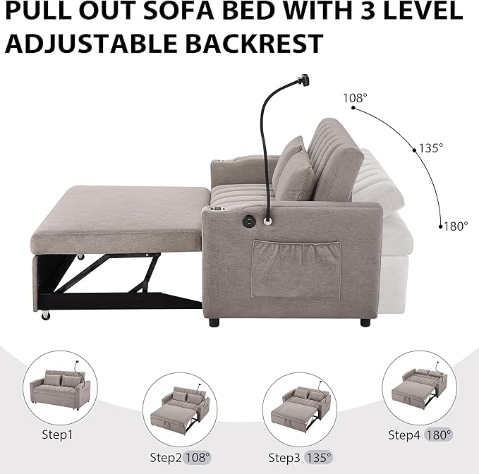 Pull Out Sofa Bed 55.9 Convertible Sofa Bed with 360°Swivel Phone Holderm Two Side Pockets Two Cup Holders 3 Level Adjustable Backrest Bella Fabric Loveseat Sofa (Light Grey * Loveseat90)