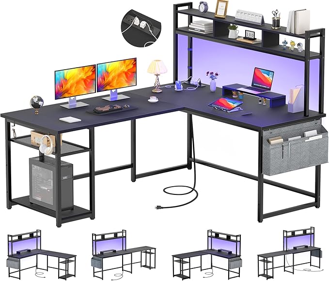 Aheaplus L Shaped Desk with Power Outlet &amp LED Strip Reversible L-Shaped Corner Computer Desks Gaming Desk with Storage Shelf &amp Monitor Stand Modern 2 Person Home Office Desk Writing Desk