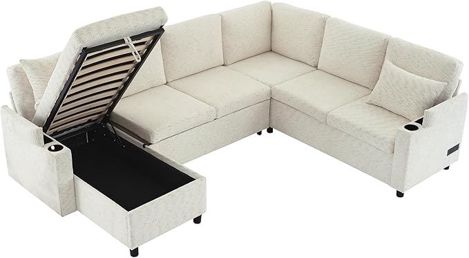 109.9 Modern Sectional Sofa Pull-Out Sofa Bed Sleeper with Storage Ottoman and 2 Cup Holders Chenille Convertible U-Shaped Couch Bed for Living Room (Beige-3.13)