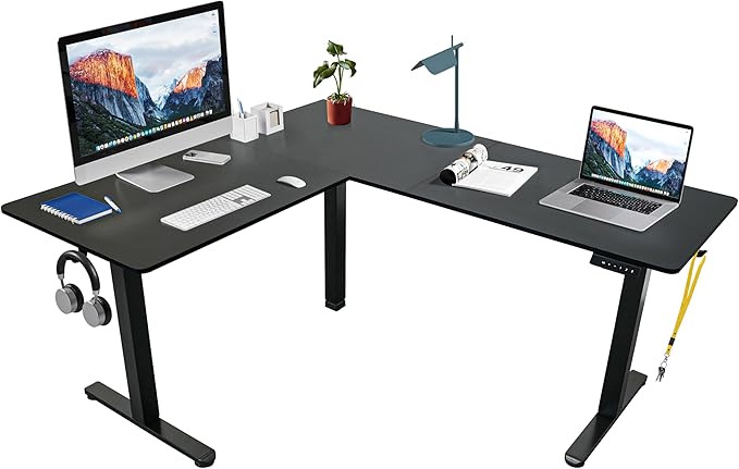 Techni Mobili 63” W L-Shaped Electric Standing Desk with 3 Memory Height Presets and 2 Accessory Hooks Height Adjustable Sit to Stand Corner Desk for Home Office with Spacious Work Surface Black