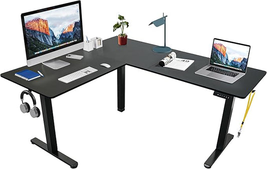 Techni Mobili 63” W L-Shaped Electric Standing Desk with 3 Memory Height Presets and 2 Accessory Hooks Height Adjustable Sit to Stand Corner Desk for Home Office with Spacious Work Surface Black