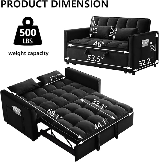 53'' Convertible Sleeper Sofa Bed Modern Velvet Fabric Adjustable Backrest Side Pocket and 2 Pillows 3-in-1 Pull Out Loveseat Couch for Living Room Bedroom Small Spaces Black