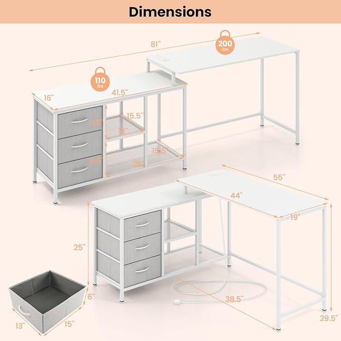 Giantex L Shaped Computer Desk with Drawers 81 Convertible Corner Desk with Charging Station and Storage Shelves Study Writing Desk Modern Long Corner Gaming Table for Home Office (White)