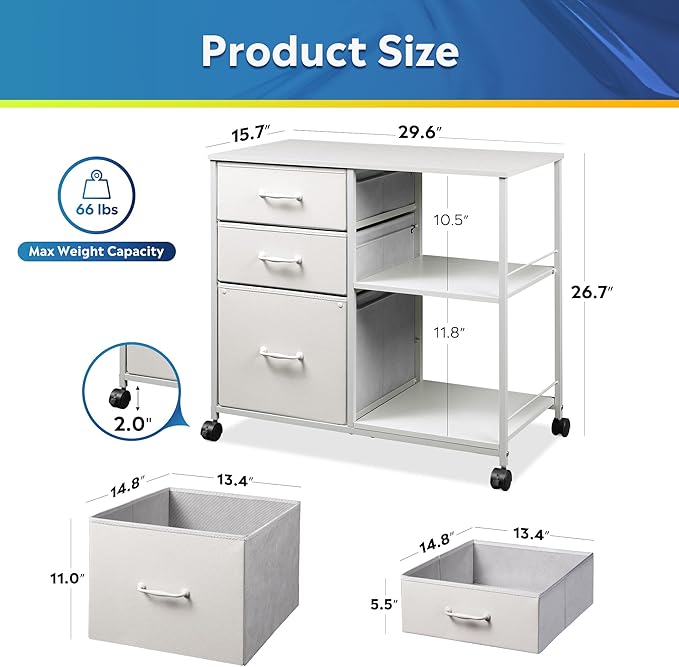 DEVAISE 3 Drawer Mobile File Cabinet Rolling Printer Stand with Open Storage Shelf Fabric Lateral Filing Cabinet fits A4 or Letter Size for Home Office White