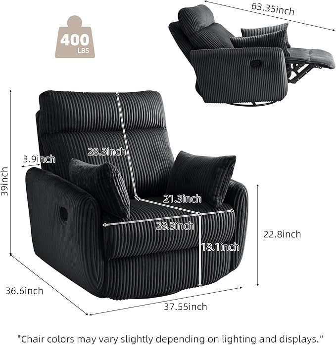 Swivel Recliner Chair for Adults Corduroy Nursery Glider Rocking Chair Armchair with 2 Pillows Comfy High Back Reclining for Small Spaces Nursery Bedroom Living Room (Corduroy Black 1 Pack)