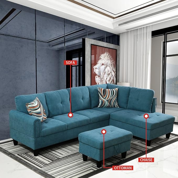 Green L-Shaped 3-Piece Flannel Sofa with Storage Ottoman Set Sectional Couch Sofa Set for Living Room Office Small Space