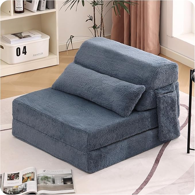 Tiita Convertible Folding Sofa Bed Single Size for Adults with Pillow Plush Fabric Floor Mattress Couch Bed Washable Cover &amp Side Pocket Guest Room Dorm Apartment Living Room Blue Gray