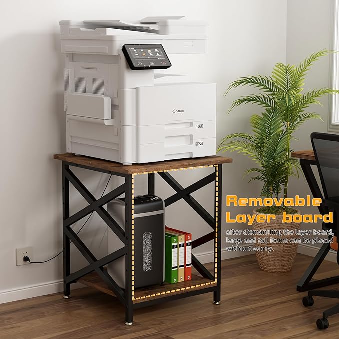 Large Printer Stand with Power Outlet with Height Adjustable Storage Shelf 3 Tier Rolling Printer Cart with Industrial Wheels 23.6 x 23.6 Inches Printer Table for Home Office Rustic Brown