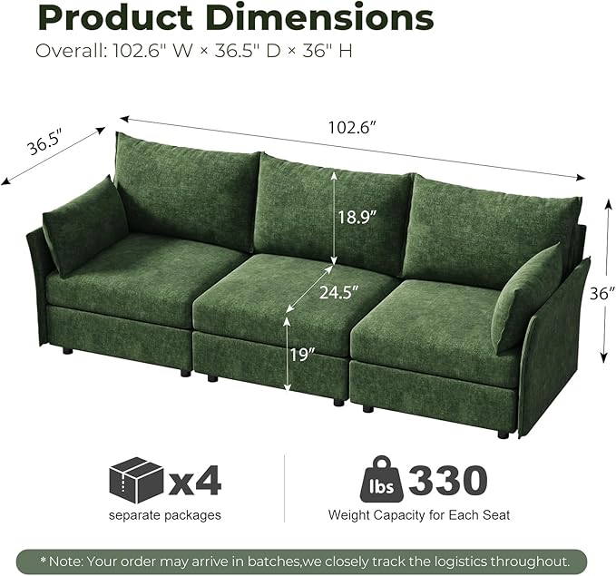 ABCASA 102.6 Sectional Couches for Living Room Oversized 3-Seater Comfy Green Couch with Pet-Friendly Removable Backrest Cover 24.5 Deep Seat Mid-Century Sectional Sofa for Bedroom Apartment