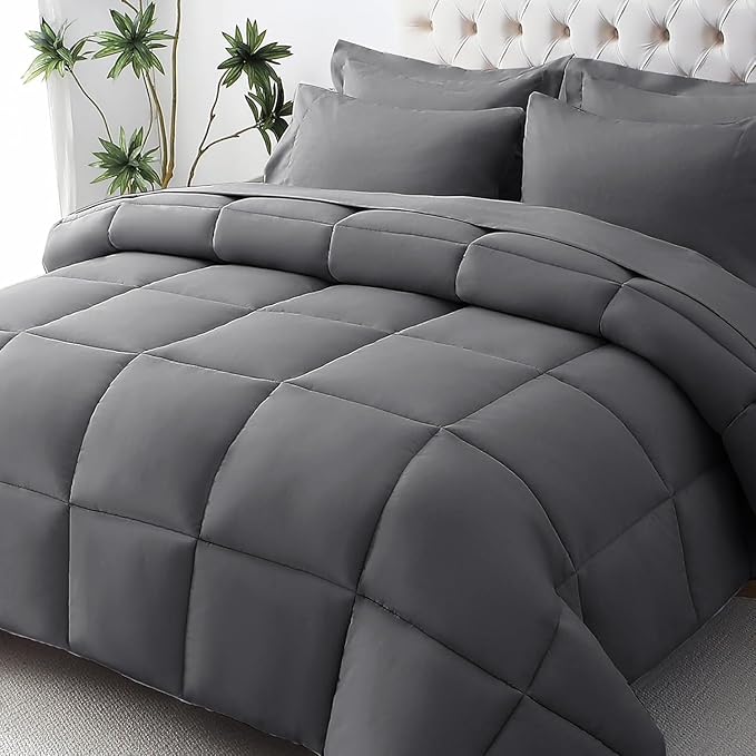 JOLLYVOGUE Twin Comforter Set Ultra-Soft Bed in a Bag Twin Size 5 Pieces Oeko-TEX Certified Bedding Set with Down Alternative Comforter Sheets Pillowcases &amp Shams Dark Grey