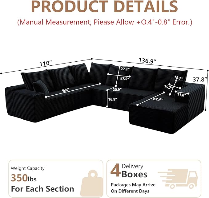 Cloud Modular Sectional Sofa for Living Room137x110 Oversized U-Shaped Couch with 9 PillowsBig Comfy Couches SetFluffy Deep-Seat Corduroy Sofa with ChaiseNo Assembly (BlackRight-Facing Chaise)