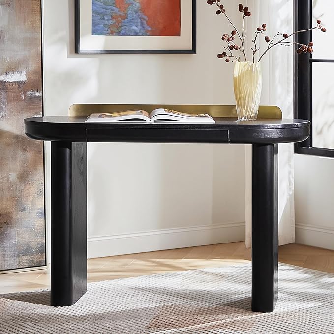 HULALA HOME 47 Modern Executive Desk with Storage Writing Desk with Rounded Legs &amp Curved Apron Home Office Desk with Divider Drawers Black