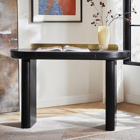 HULALA HOME 47 Modern Executive Desk with Storage Writing Desk with Rounded Legs &amp Curved Apron Home Office Desk with Divider Drawers Black
