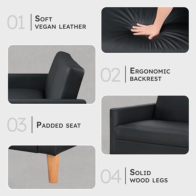 Lexicon 79W Convertible Futon Sofa Bed Loveseat Faux Leather Upholstered Couch Sleeper Adjustable Backrests Padded Pocket Coil Solid Wood Legs for Living Room Bedroom Apartment Office Black