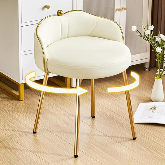Cute Vanity Chair with Back Small Armless Leather Makeup Desk Chair No Wheels Modern Swivel Accent Vanity Stools with Gold Legs for Vanity Bedroom Dress Room Beige