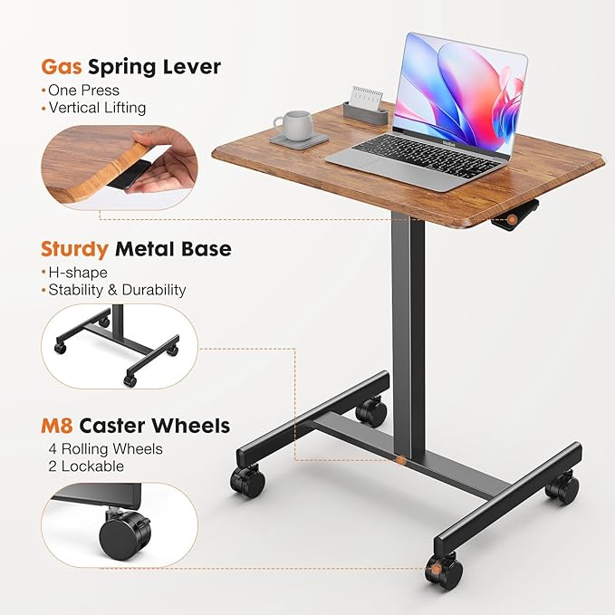 YSSOA Mobile Small Standing Desk - Rolling Desk with Adjustable Height and Lockable Wheels Sit-Stand Laptop Table Portable Computer Workstation Rust