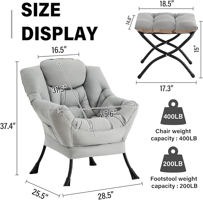 Lazy Chair with Ottoman Modern Accent Chair Contemporary Leisure Sofa Chair with Armrests Reading Chair and Folding Footstool Set for Living Room Bedroom Office White Grey