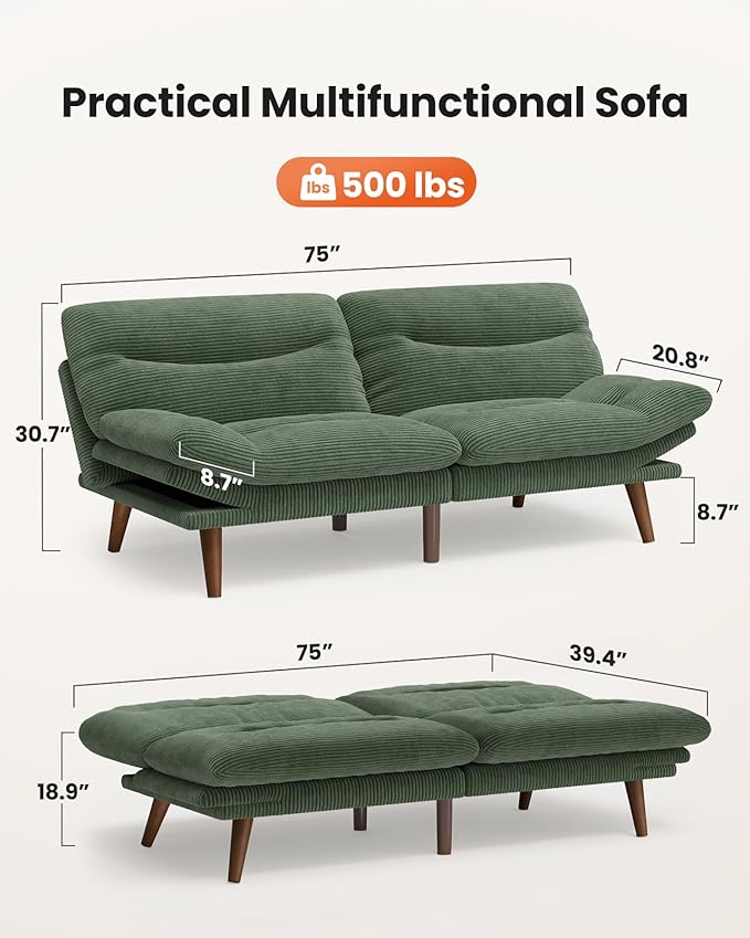 Amada 75 Convertible Futon Sofa Bed Corduroy Folding Futon Set with Adjustable Backrest &ampArmrests Recliner Lounge for Living Room Apartment or Office Solid Wood Frame Loveseat Sofa -Forest G