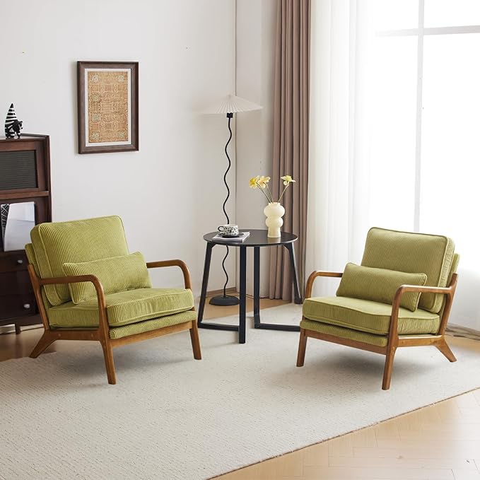 Karl home Mid-Century Modern Accent Chair Living Room Chairs with Pillow Corduroy Upholstered Lounge Armchair with Solid Wood Frame &amp Soft Cushion for Bedroom Reading Room Green