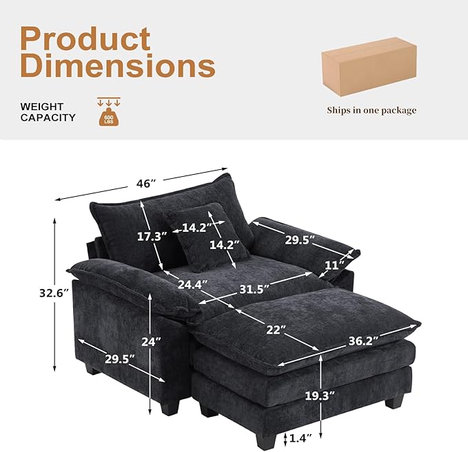 Furniliving 46‘’ Oversized Chair with Ottoman Luxury Chenille Single Sofa Upholstered Deep Seat Chaise Lounge with Pillows for Living Room Bedroom Apartment Black