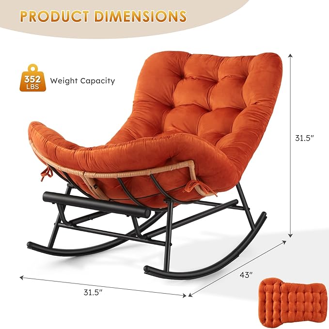 GAOMON Papasan Rocking Chair with Foot Rest Papasan Chair with Thick Removable Cushion and Metal Frame Lounge Chairs and PE Rattan Rocker for Patio Garden Lawn Living Room and Relaxation Space