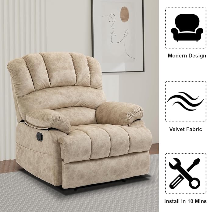 Large Lazy Recliner Chair for Adult Comfortable Manual Single Recliner Sofa Oversized Reclining Chair Upholstered Soft Fabric Living Room Recliner Sofa Chair for Living Room Bedroom (Beige)