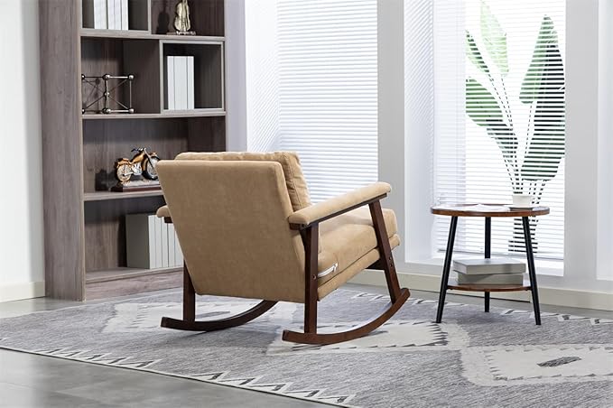 ZeHuoGe Mid Century Modern Accent Chair Rocking Chair with Wood Frame Upholstered Living Room Chairs Reading Armchair for Bedroom Sunroom (Khaki)