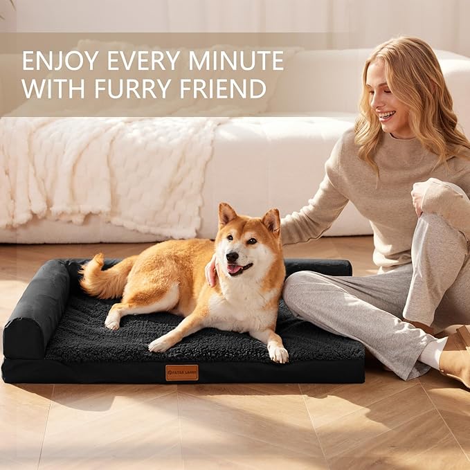 Patas Lague Orthopedic Dog Bed Large Sized Dog 36''X24'' Waterproof L Bolster Medium Pet Sofa Beds with Removable Washable Cover Soft Comfortable Pet Couch Crate Mat with Nonskid Bottom Black