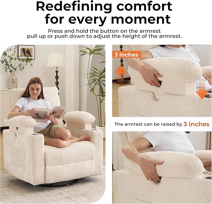Power Recliner with Adjustable Armrests Rocking Chair Nursery with Massage and Heat Electric Glider Recliner Nursing Chair for Breastfeeding Swivel Rocker Recliner Corduroy Beige
