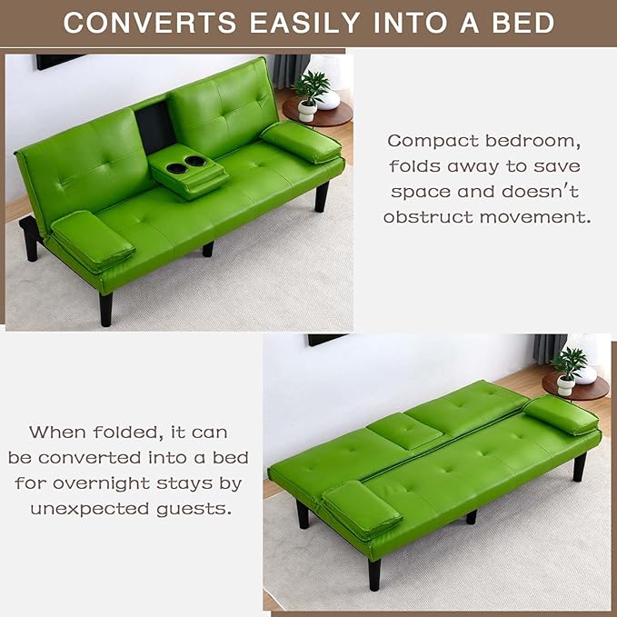 67 Futon Sofa BedConvertible Sofa Bed with 2 Cup HoldersSleeper Couch PVC Leather Removable Soft Armrest Small Couch for Living Room Apartments ﻿ (Green)