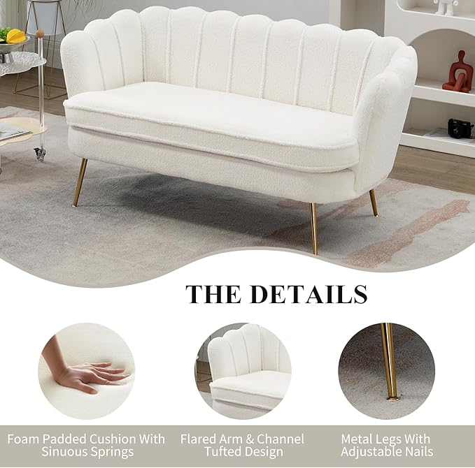 59 Wide Loveseat Sofa Boucle Upholstered Small Couch with Petal-Shaped Design Modern Leisure Sofa with Gold Metal Legs Mini Room Couch for Bedroom Apartment (Ivory-Boucle)