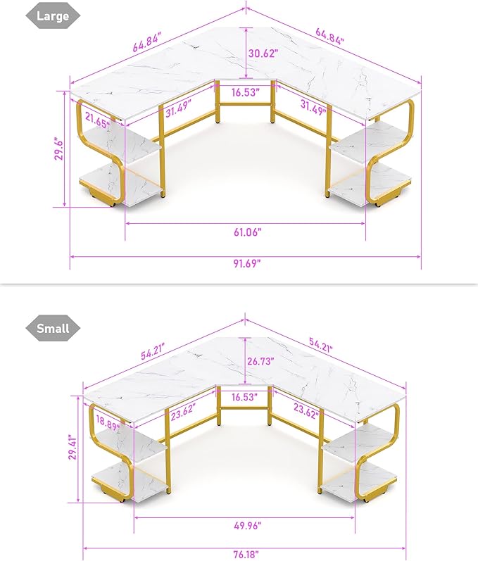 Teraves Modern L Shaped Desk with Shelves64.84 Computer Desk/Gaming Desk for Home OfficeCorner Desk with Large Desktop (White Marbling+ Gold Frame Large+4 Tier Shelves)