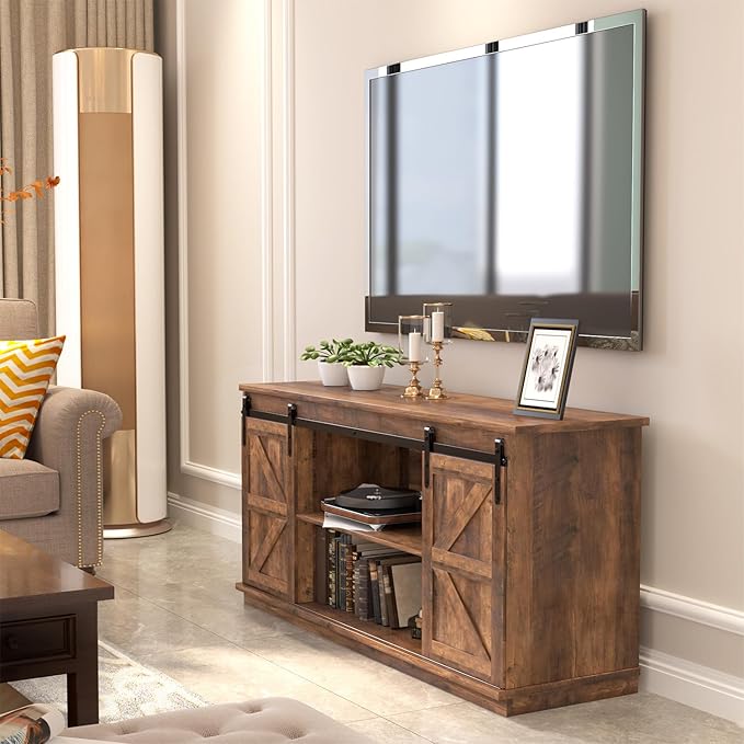 JUMMICO TV Stand for 65 Inch TV Entertainment Center with Storage Cabinets and Sliding Barn Doors Mid Century Modern Media TV Console Table for Living Room Bedroom (Rustic Oak)