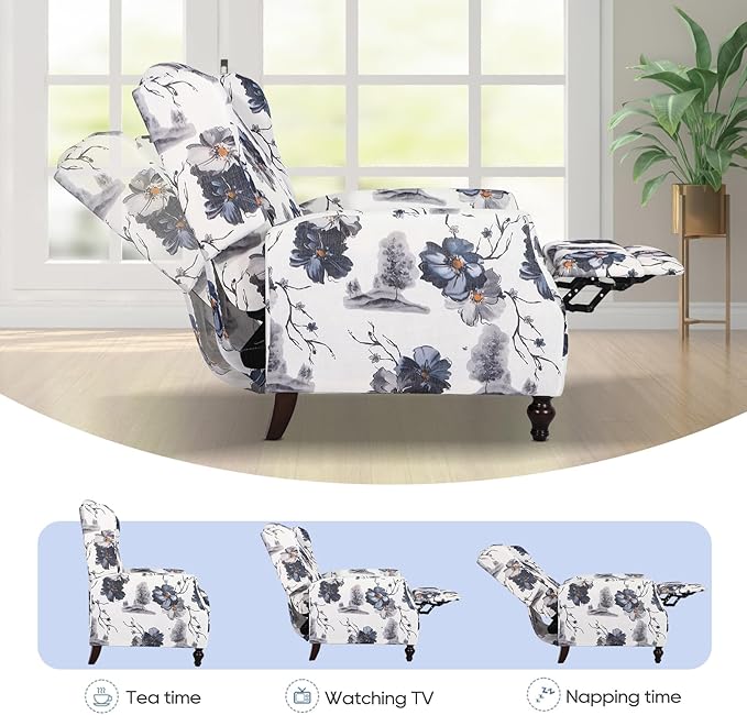 Set of 2 Wingback Recliner Chair - Tufted Arm Chair Recliner - Fabric Push Back Single Sofa for Living Room Adjustable Backrest (Blue Floral)