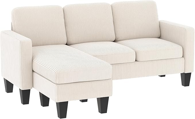 HOMCOM 73 Sectional Sofa L Shaped Couch with Reversible Chaise or Ottoman Corduroy 3 Seat Sectional Couch for Living Room Bedroom Apartment 2200lb Capacity Cream White