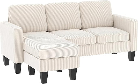 HOMCOM 73 Sectional Sofa L Shaped Couch with Reversible Chaise or Ottoman Corduroy 3 Seat Sectional Couch for Living Room Bedroom Apartment 2200lb Capacity Cream White