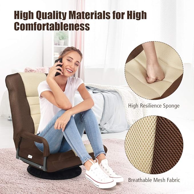 Giantex Floor Chair with 360 Degree Swivel Base Adjustable Backrest Lumbar Support Armrest Foldable Lazy Sofa Rocker for TV Reading Playing Video Games Gaming Chair Floor Beige/Brown