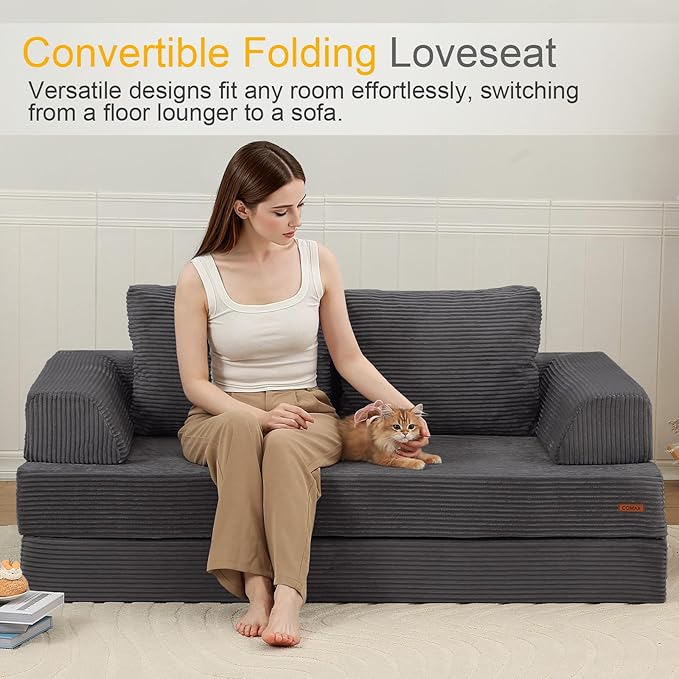 COMAX Convertible Sofa Bed Folding Floor Couch Corduroy Fold Out Couch Bed Futon Sleeper Mattress with Pillows Boneless Sofa Comfy Lounge Loveseat for Living Room Bedroom Grey