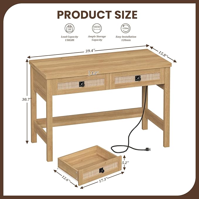 Rattan Computer Desk with 2 Drawers 39 Inch Small Desk with Power Outlets Farmhouse Boho Vanity Desks Compact Writing Study Table for Small Spaces Oak