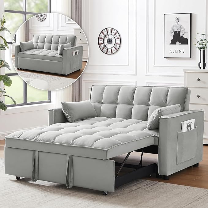 3 In 1 Velvet Convertible Sofa Bed Pull Out Couch Bed with Reclining Backrest And 2 Pillows 54 Full Size Loveseat Sleeper Sofa Futon Couch Beds Couches For Small Spaces Living Room (Silver Grey)