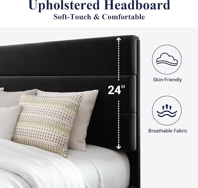 Allewie King Size Platform Bed Frame with Velvet Upholstered Headboard and Wooden Slats Support Fully Upholstered Mattress Foundation/No Box Spring Needed/Easy Assembly Black