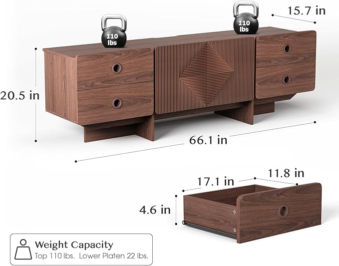 66 Fluted TV Stands for Living Room Mid Century Modern TV Consoles for 75 inch TV Entertainment Center with Storage Media Console with Adjustment Shelf(Walnut)