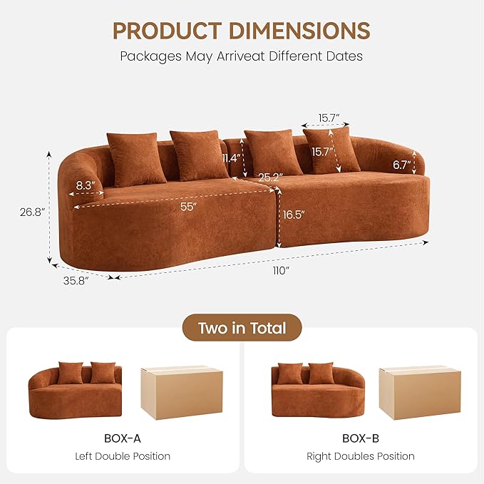 110 Boneless 4 Seater Sofa Couch Modern Oversized Curved Cloud Sofa Chenille 4-Seater Deep Seat Sectional Couches for Living Room No Assembly Orange